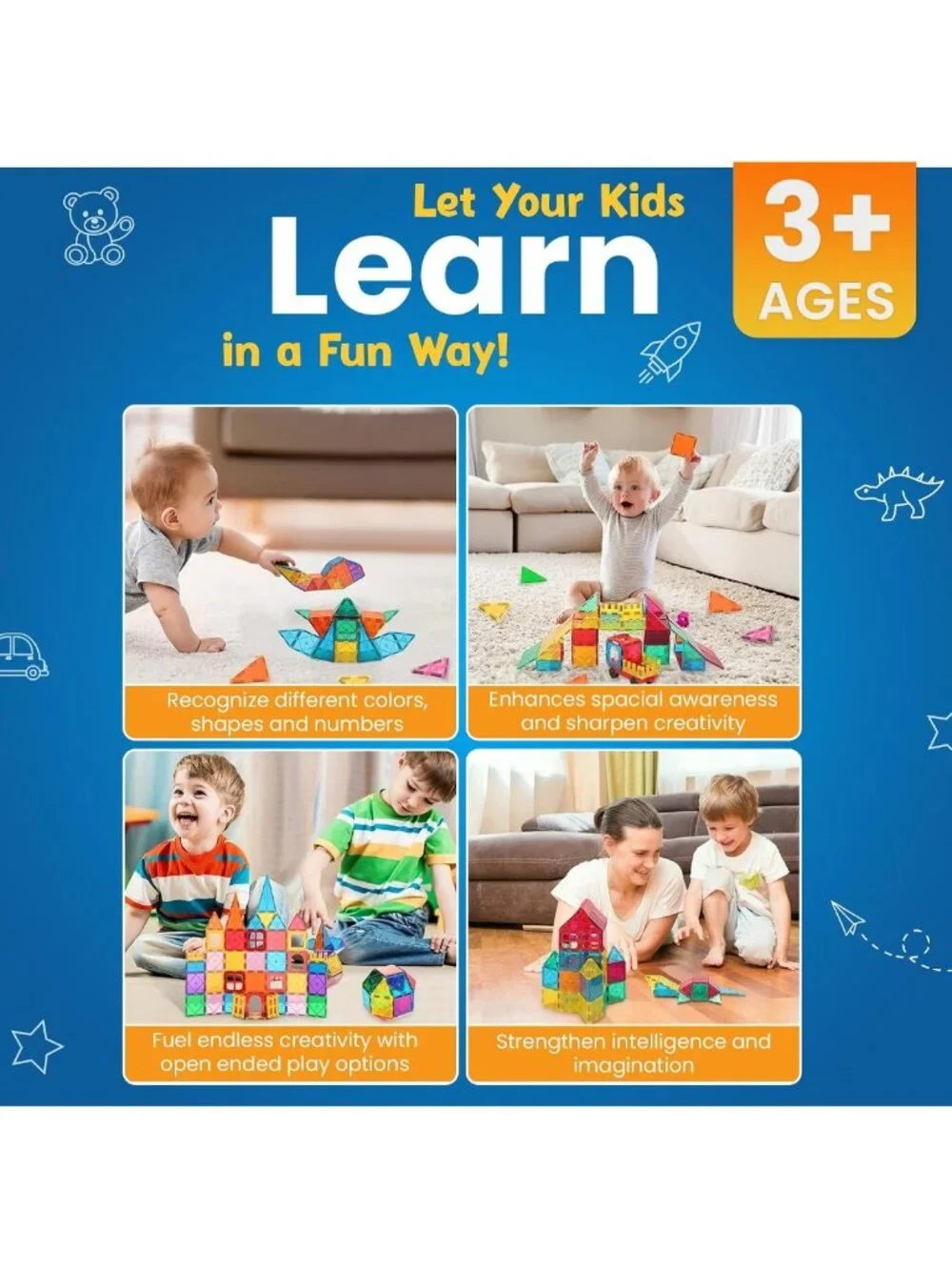 100 Pc Magnetic Building Blocks Set for Kids - Educational Magnet Tiles & Cars
